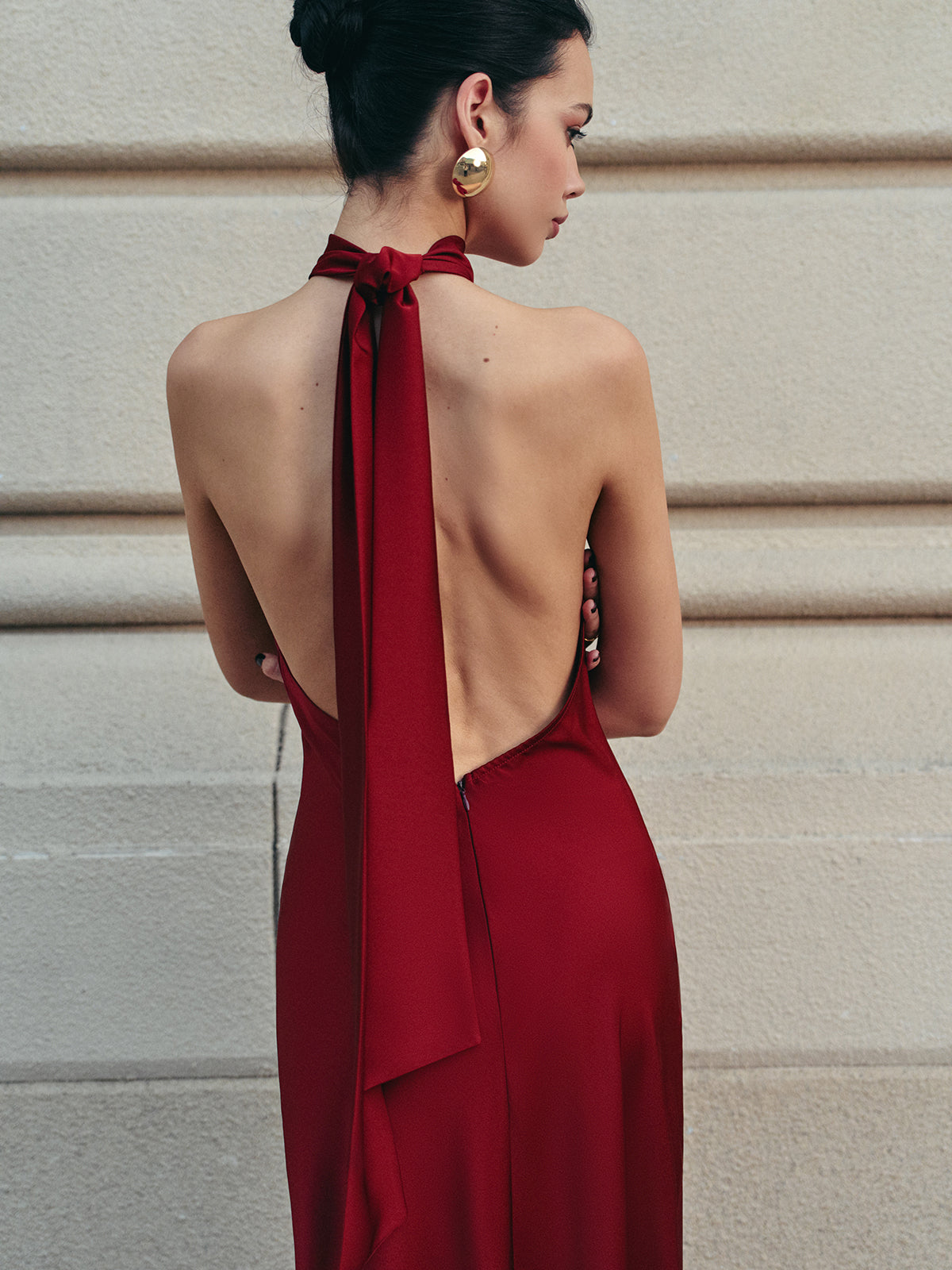 Burgundy maxi dress, open back view