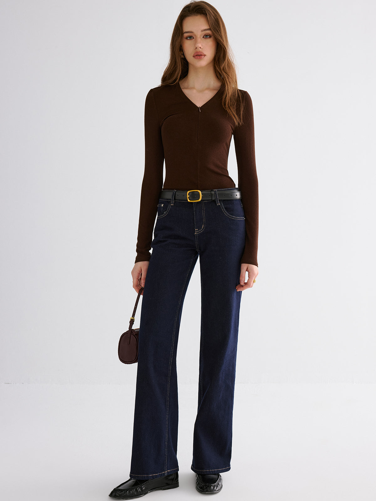 Simone brown zip top styled on model