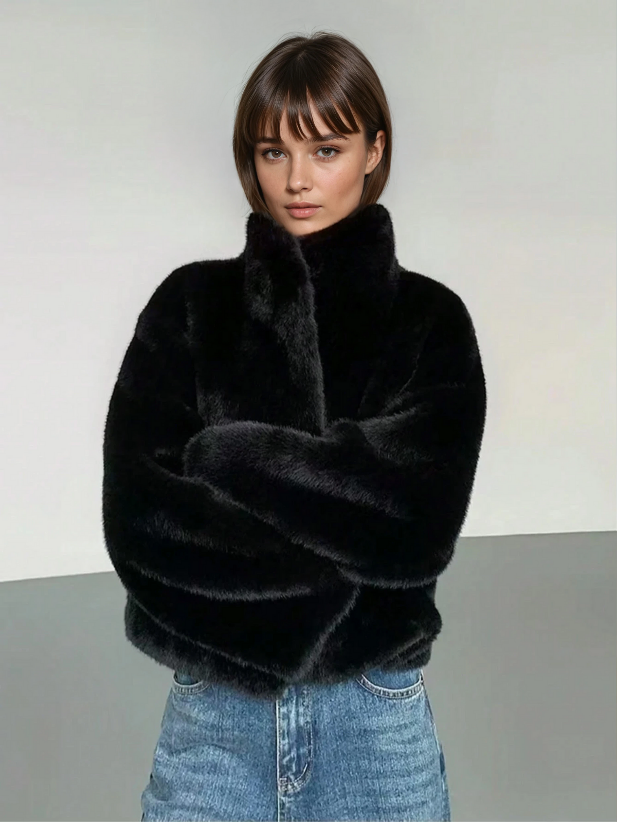 Solange black faux fur short coat with a stand collar, front view