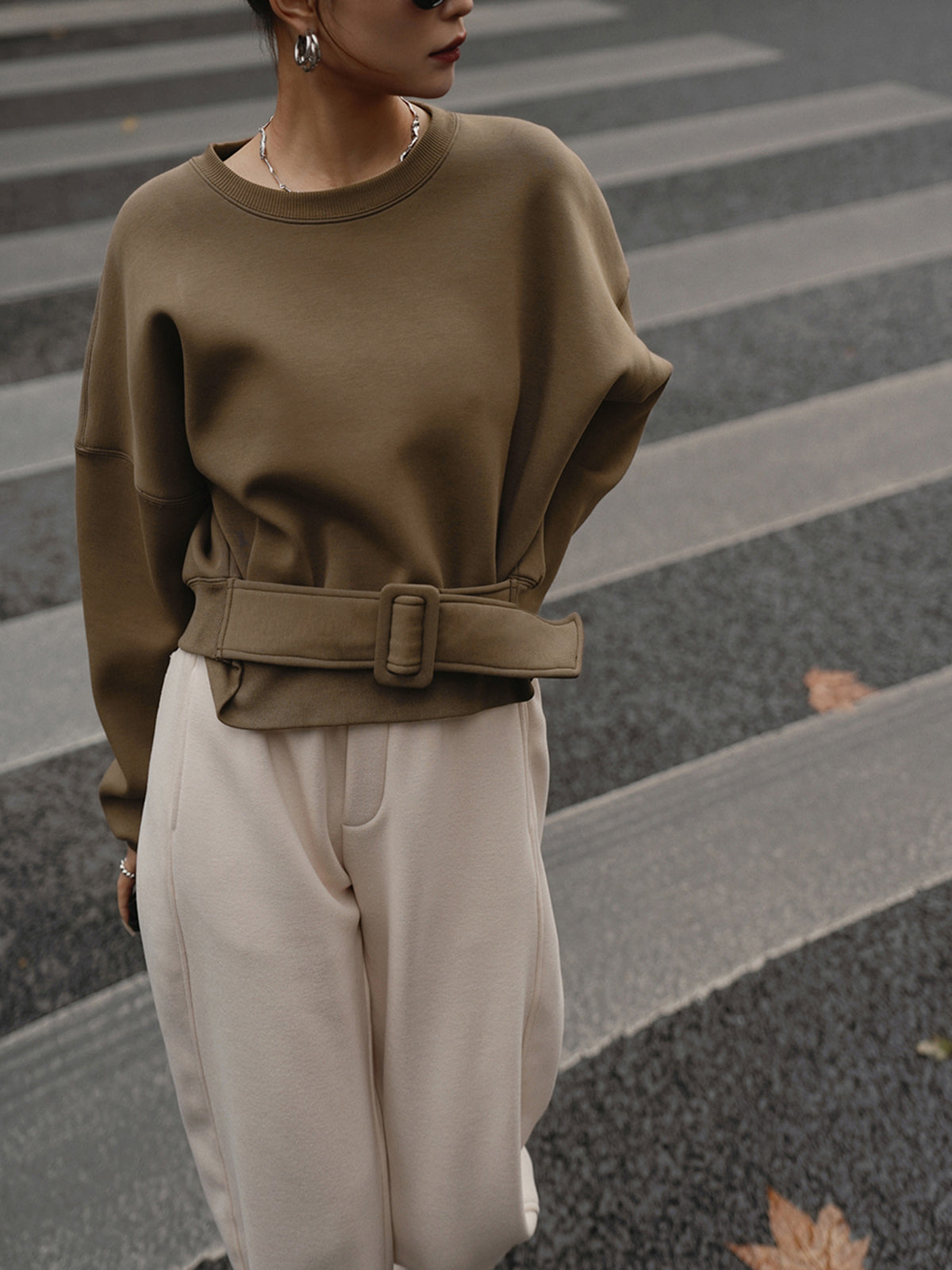 Stephanie brown belted cropped sweatshirt, full-length view