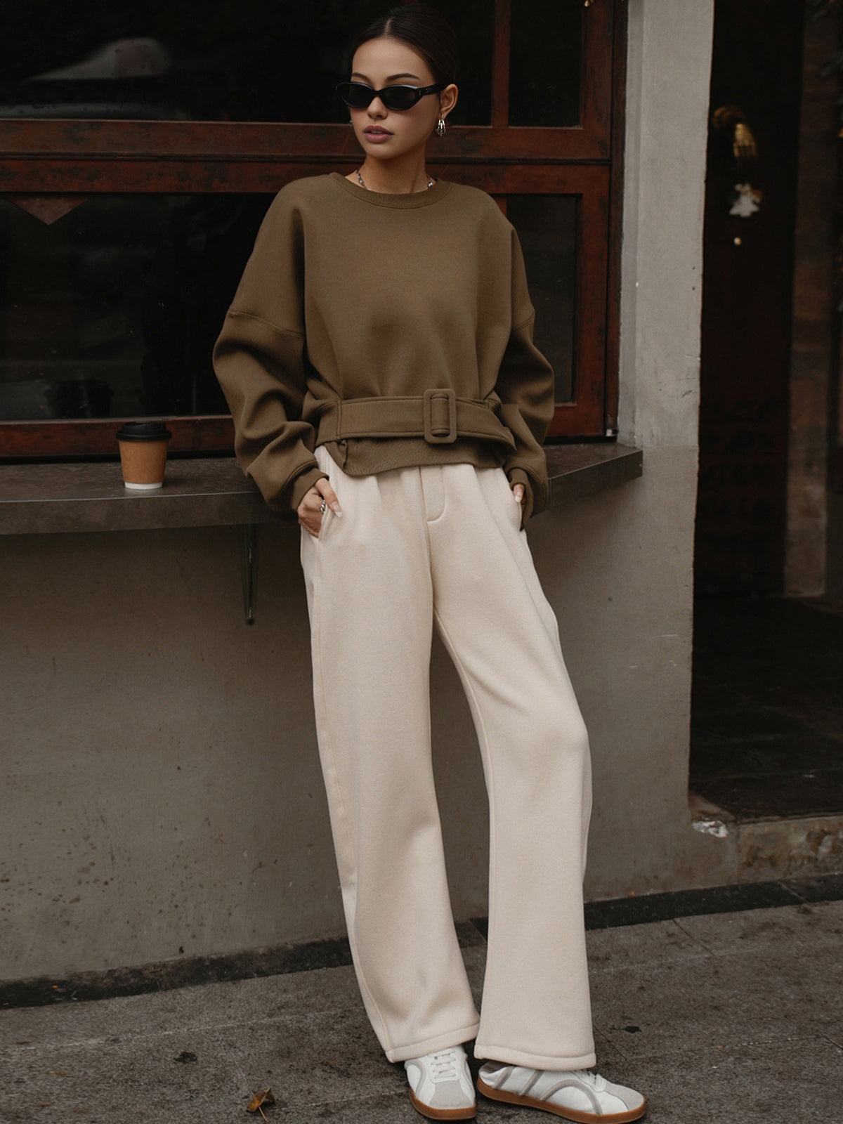 Stephanie brown belted cropped sweatshirt, three-quarter view