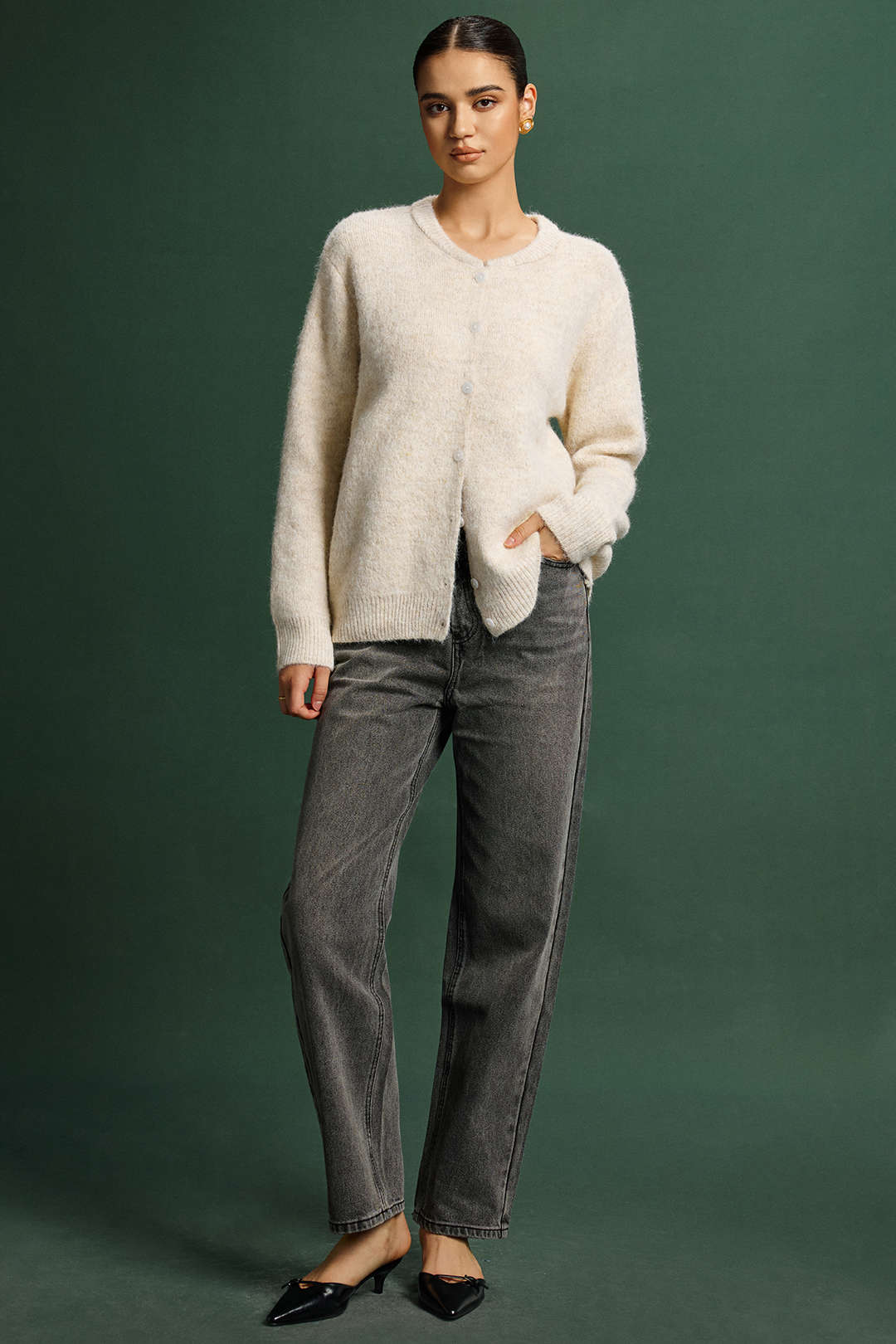 Suzanne cream round-neck button wool-blend cardigan, full-length front view