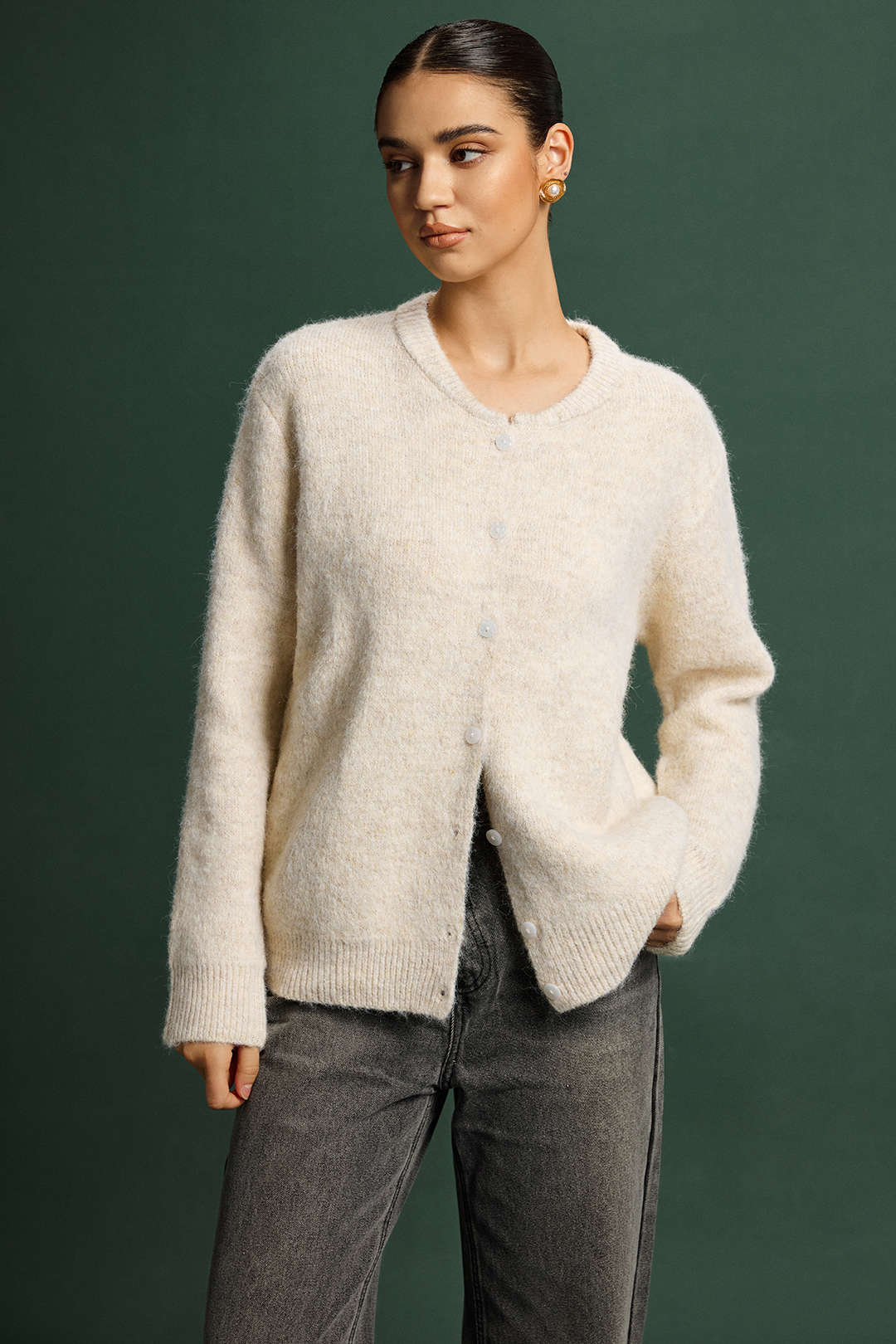 Suzanne cream round-neck button wool-blend cardigan, three-quarter front view