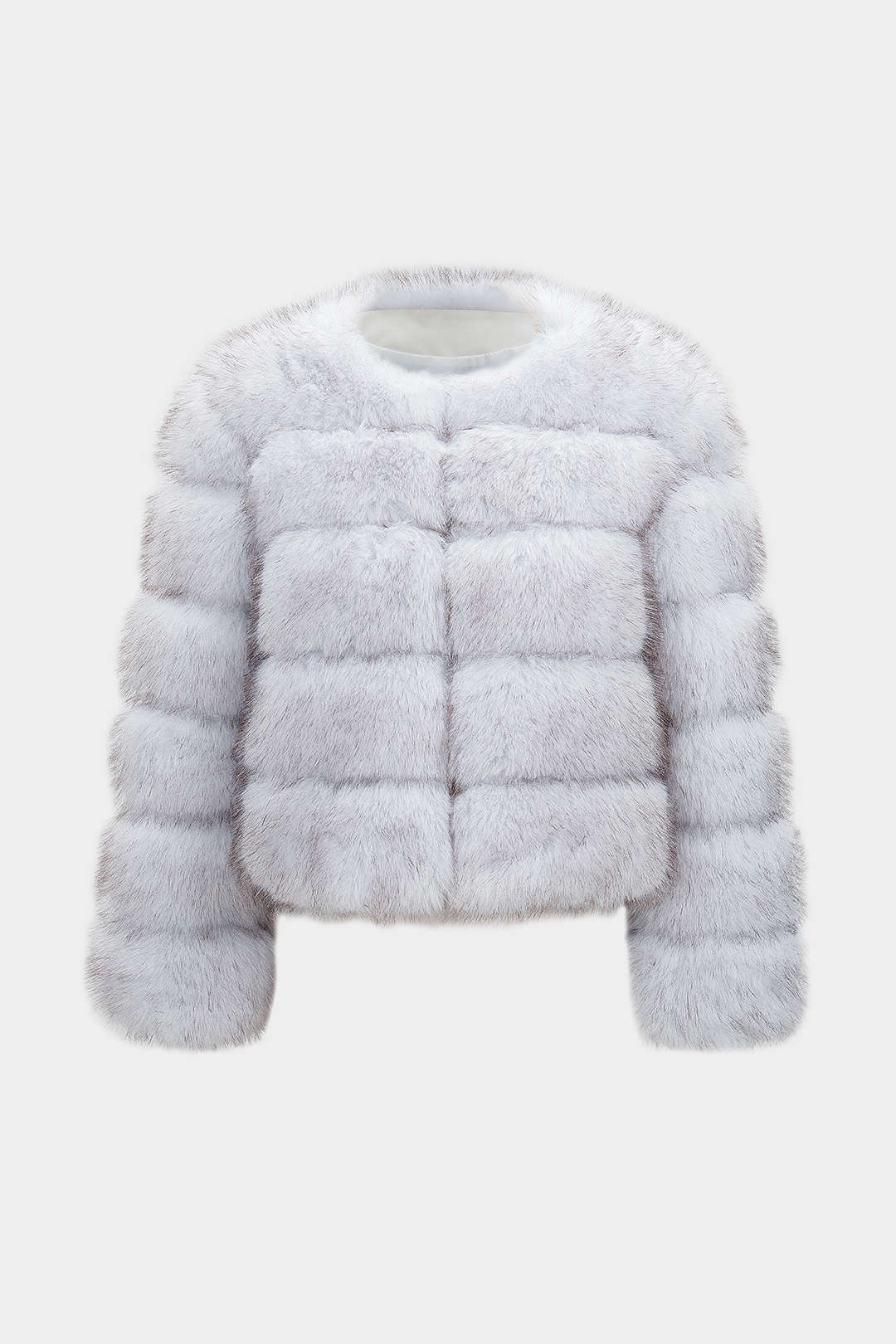Tatiana white faux fur jacket laid flat, front