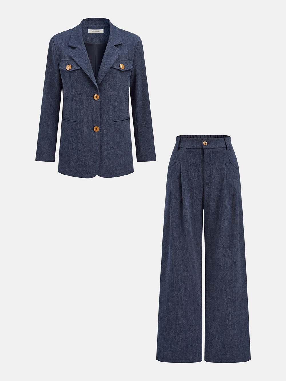 Theodora heathered navy two-piece set laid flat, blazer and trousers