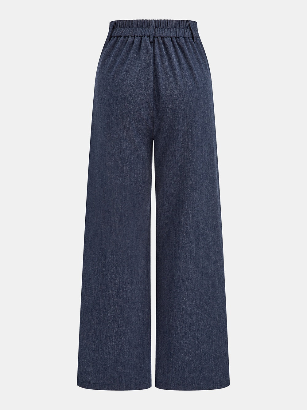Theodora heathered navy wide-leg trousers, back, showing shirred elastic waistband