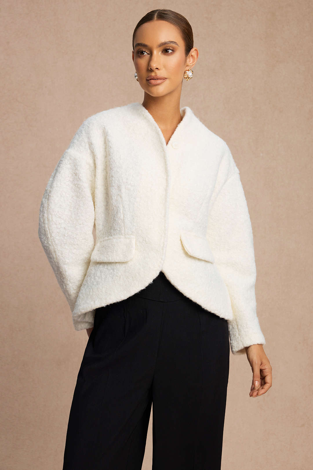 Valentine white slightly oversized curved-hem jacket, front view