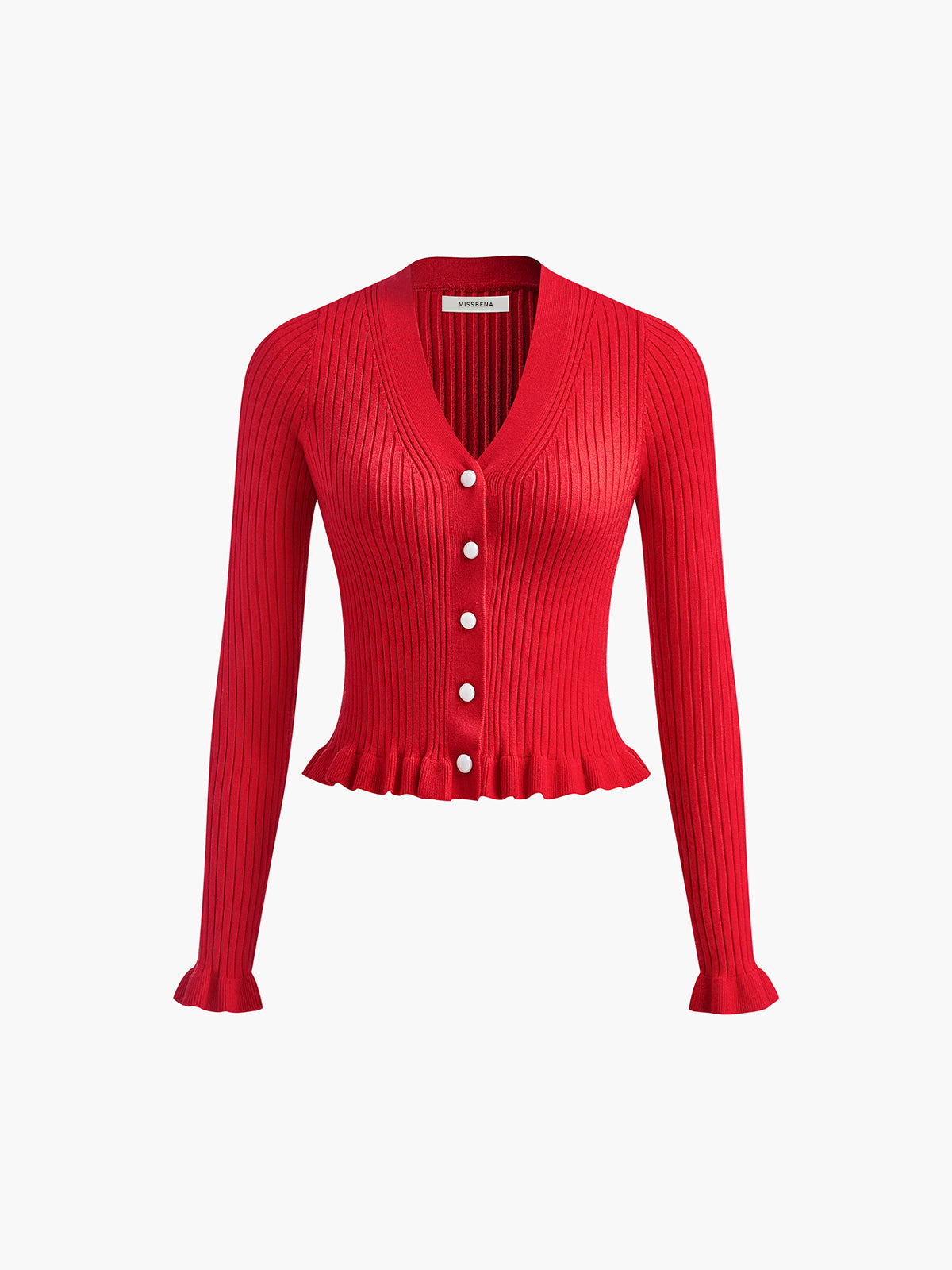 Red ribbed ruffle-hem button cardigan, flat front view