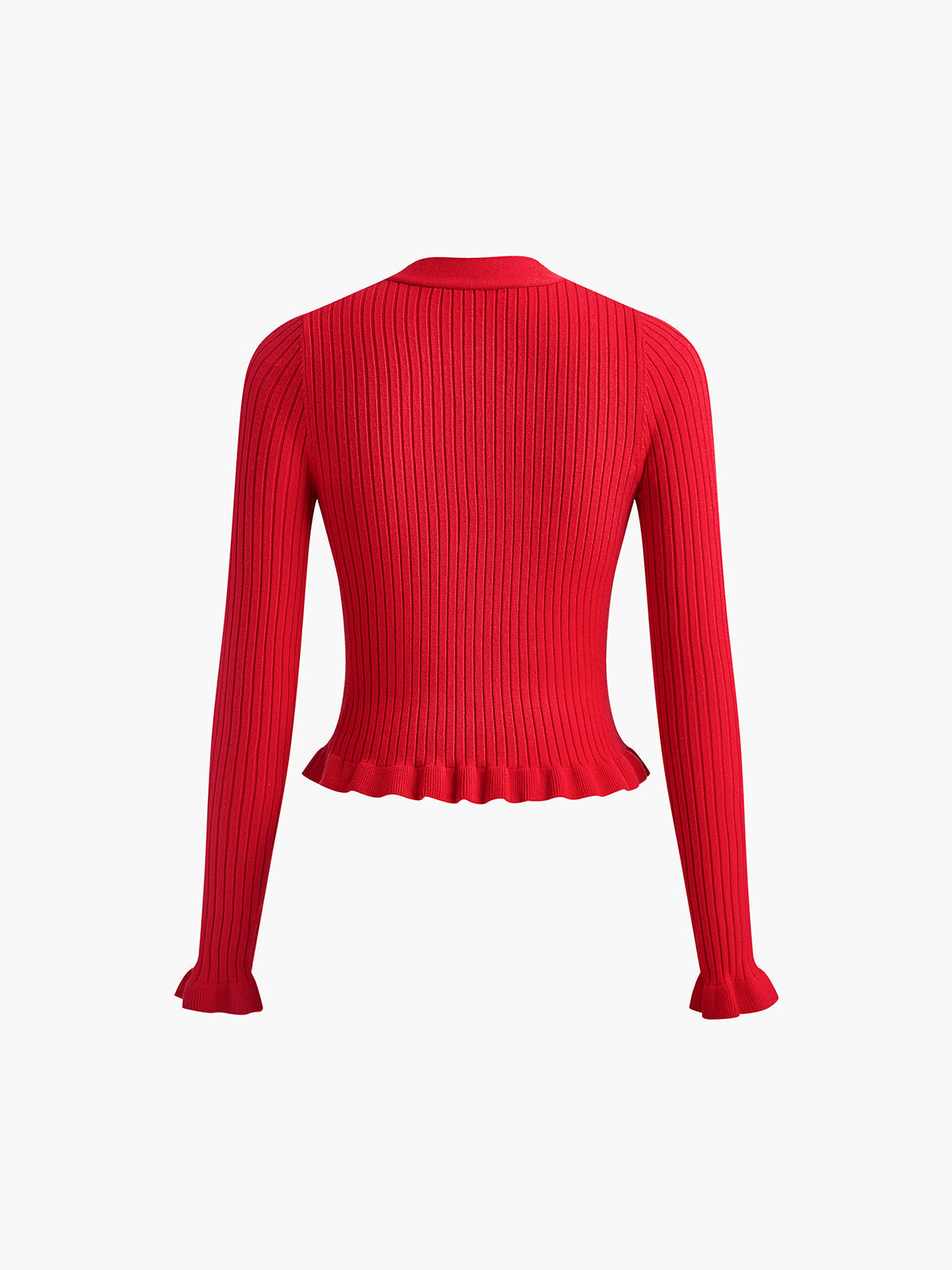Red ribbed ruffle-hem cardigan, flat back view