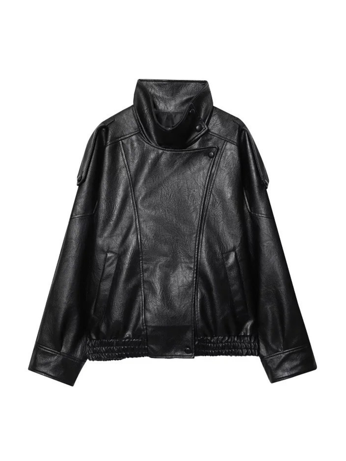 Victoire black faux leather bomber jacket shown flat, front view