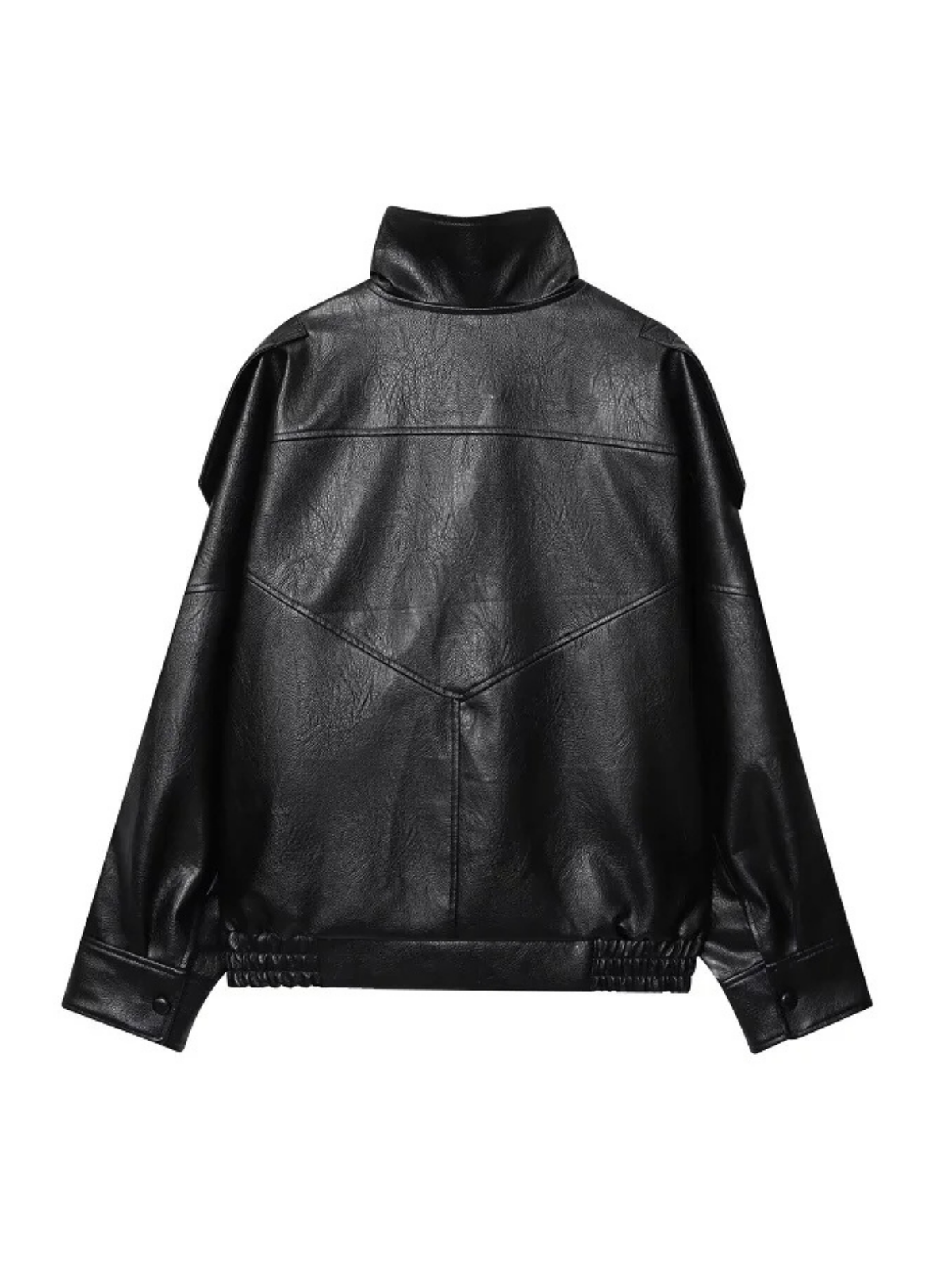 Victoire black faux leather bomber jacket, back view