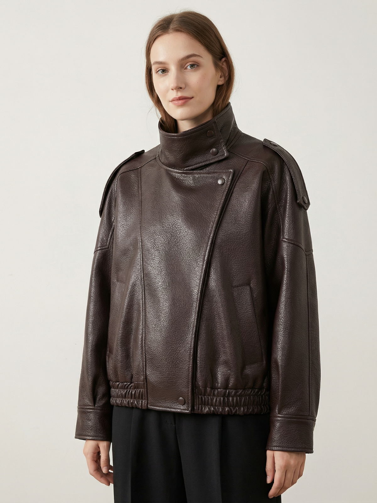 Victoire brown faux leather bomber jacket with a funnel neck, front view