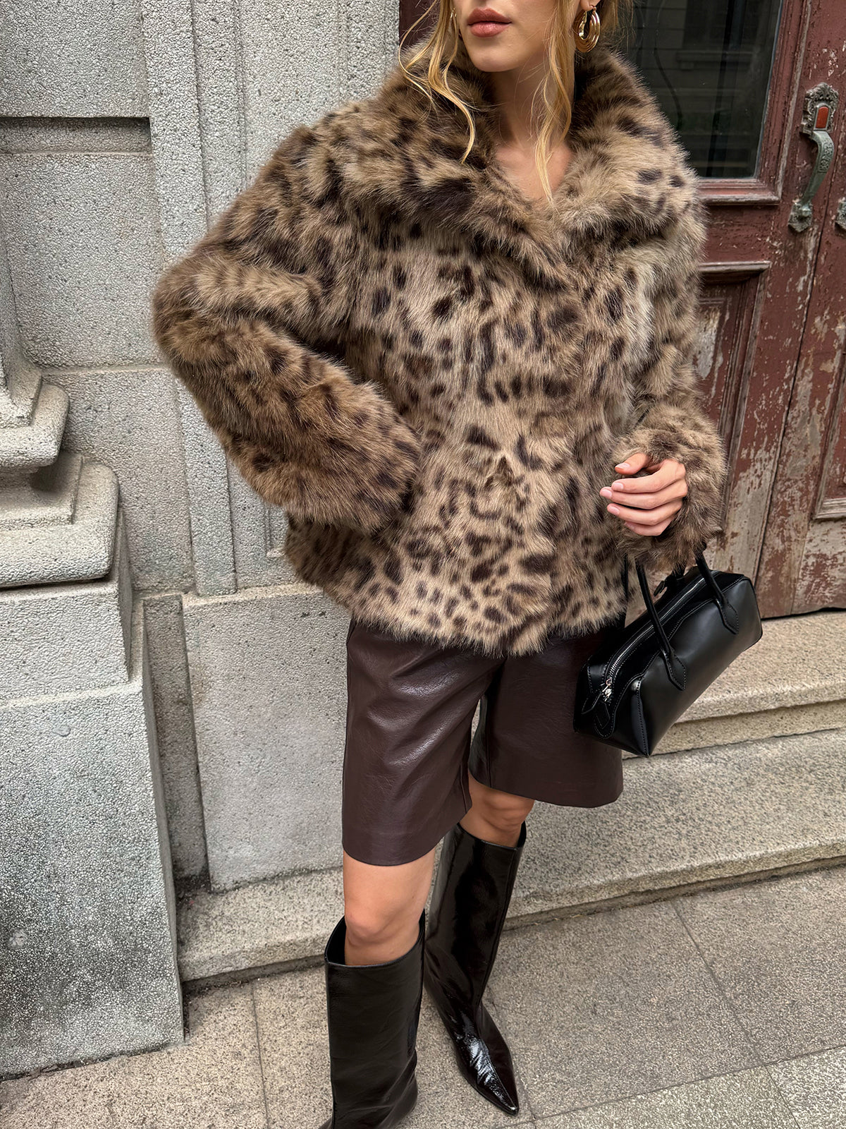 Vinciane leopard faux fur cropped coat, front view