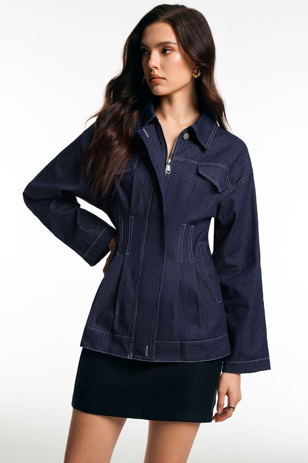 Violette navy stitched denim jacket, front view