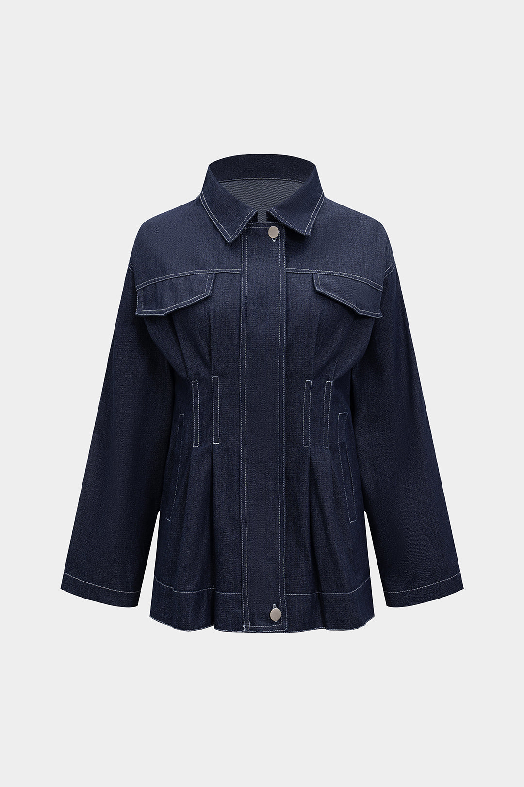 Violette navy denim jacket worn with black mini skirt, styled view