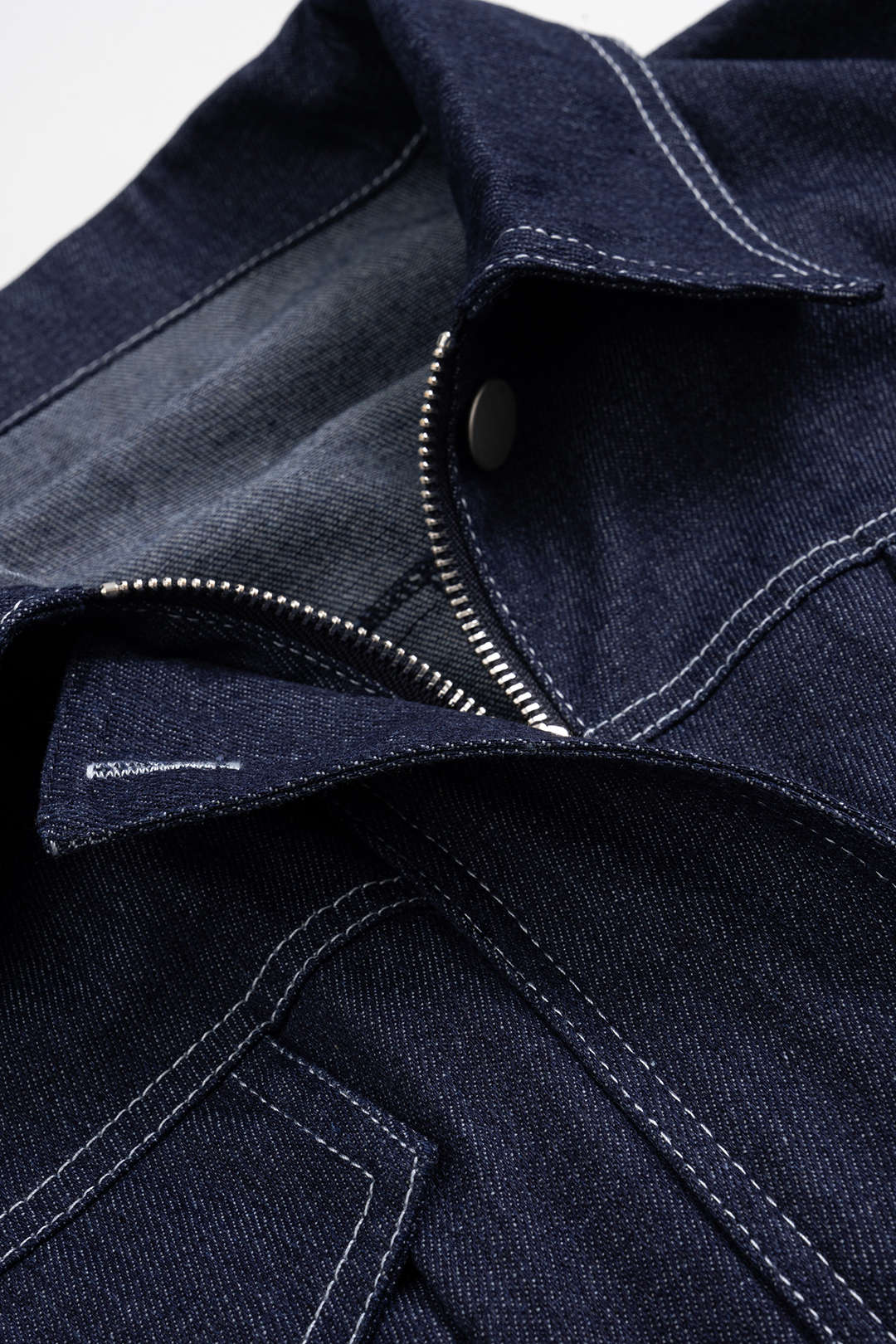 Violette navy stitched denim jacket, full-length view