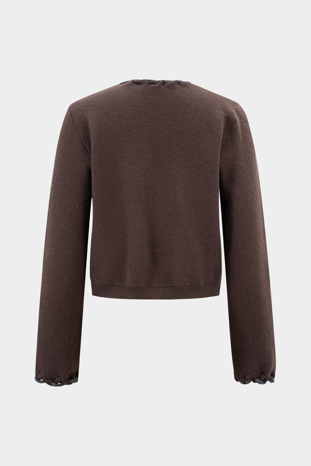 Virginie brown braid-trim cropped cardigan laid flat, back