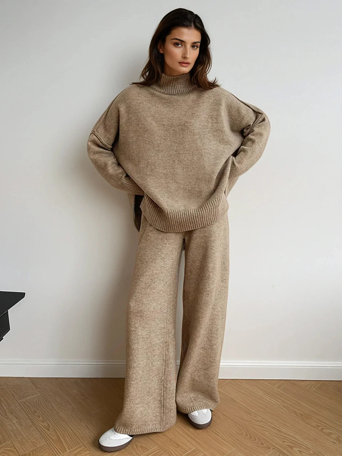 Vivienne taupe funnel-neck sweater and wide-leg trouser set, front view