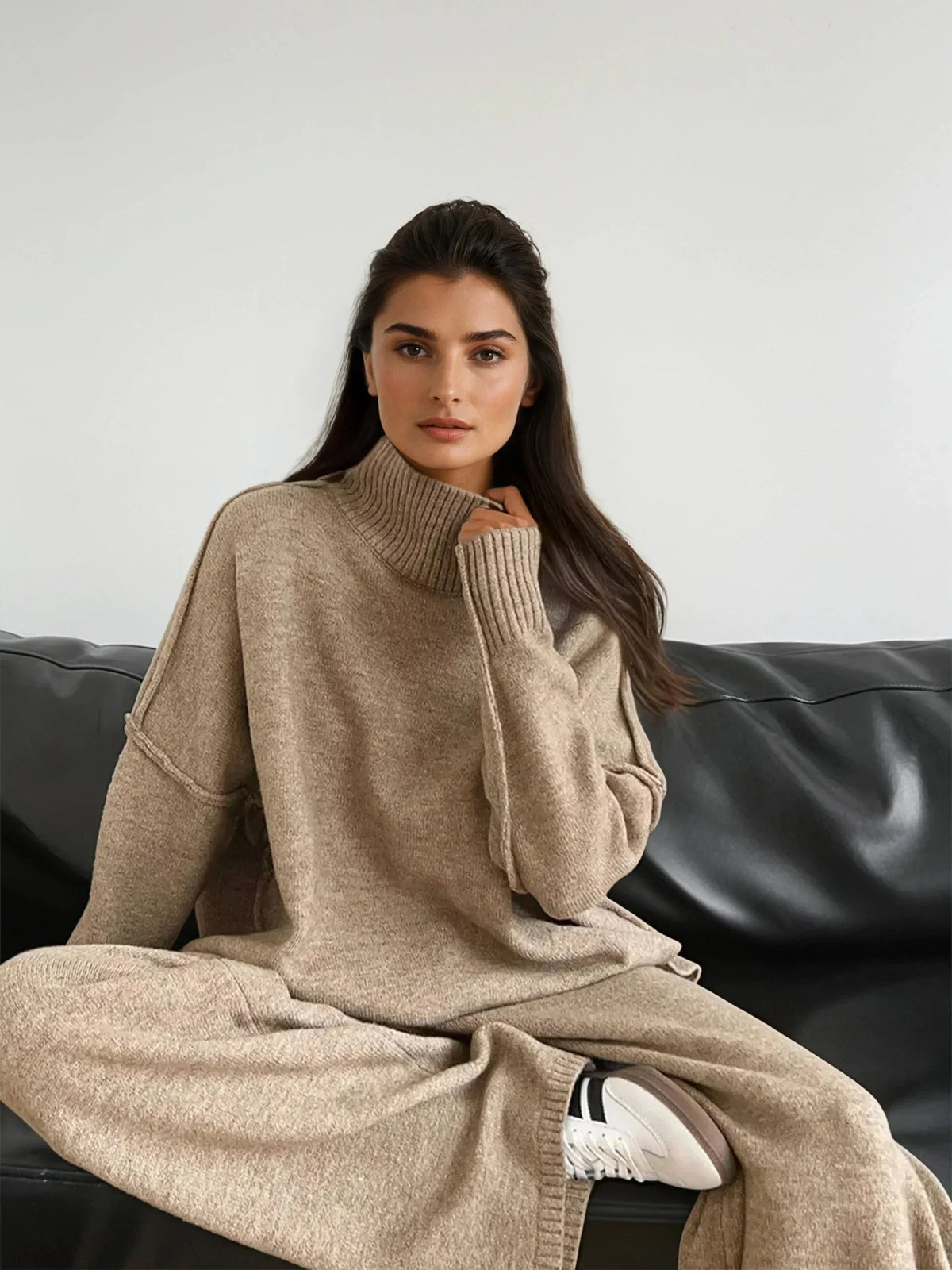 Vivienne taupe knit set shown seated, full-length view
