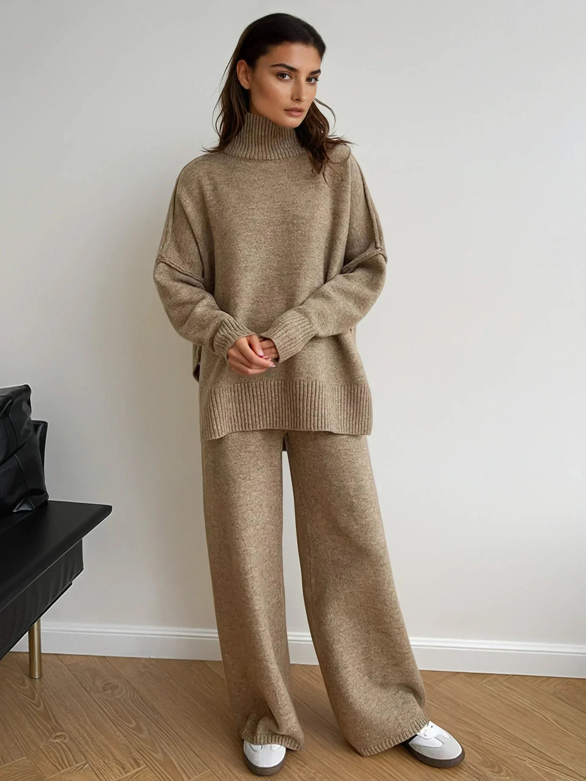 Vivienne taupe knit set showing the wide-leg trousers
