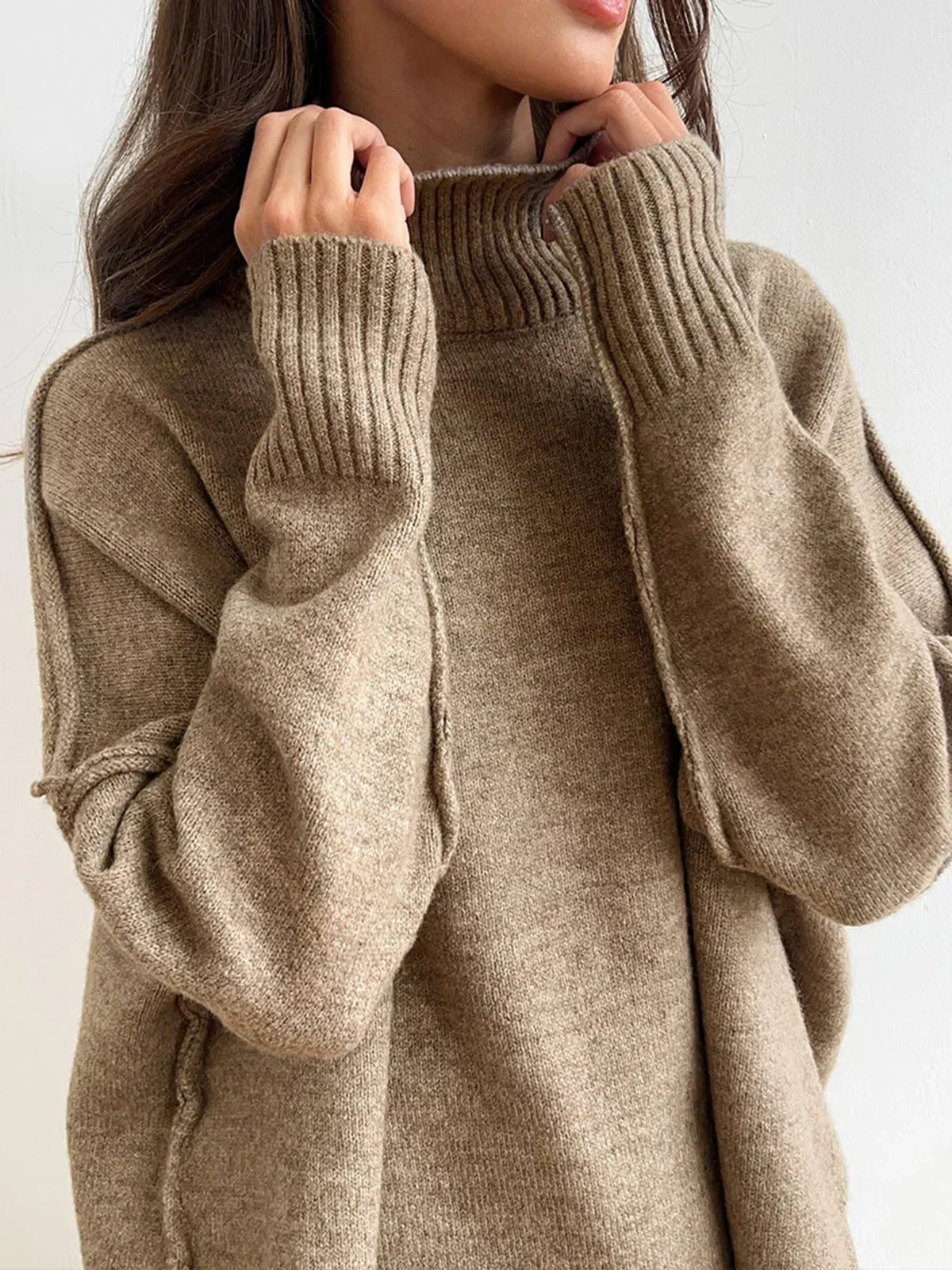 Close-up of the wide funnel neck on the Vivienne taupe sweater