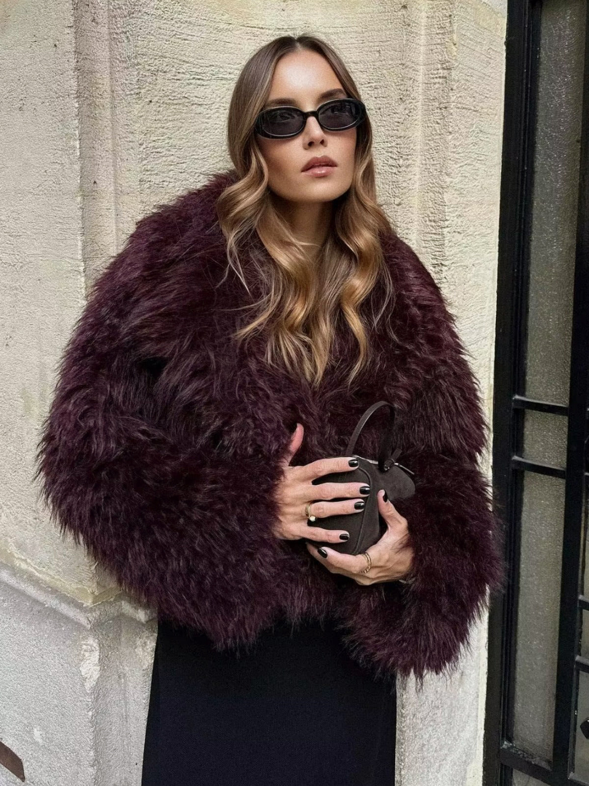 Wilhelmine Burgundy shaggy cropped jacket, front view