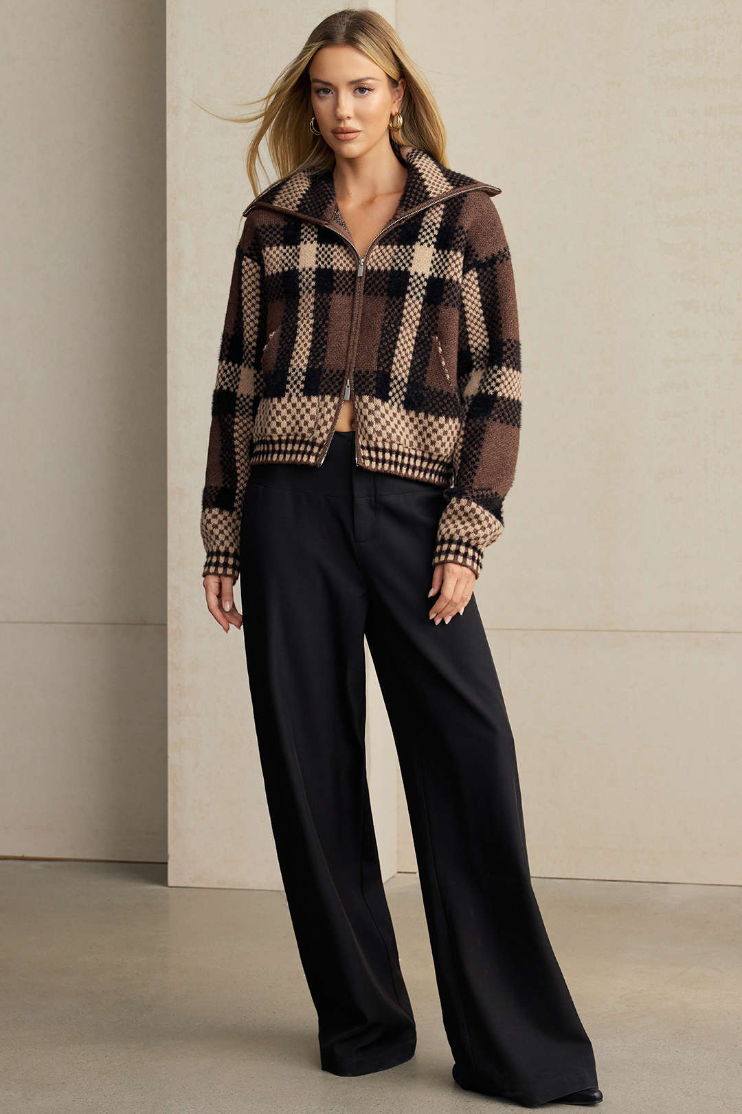 Yolande plaid zip-front cropped cardigan, full-length front view