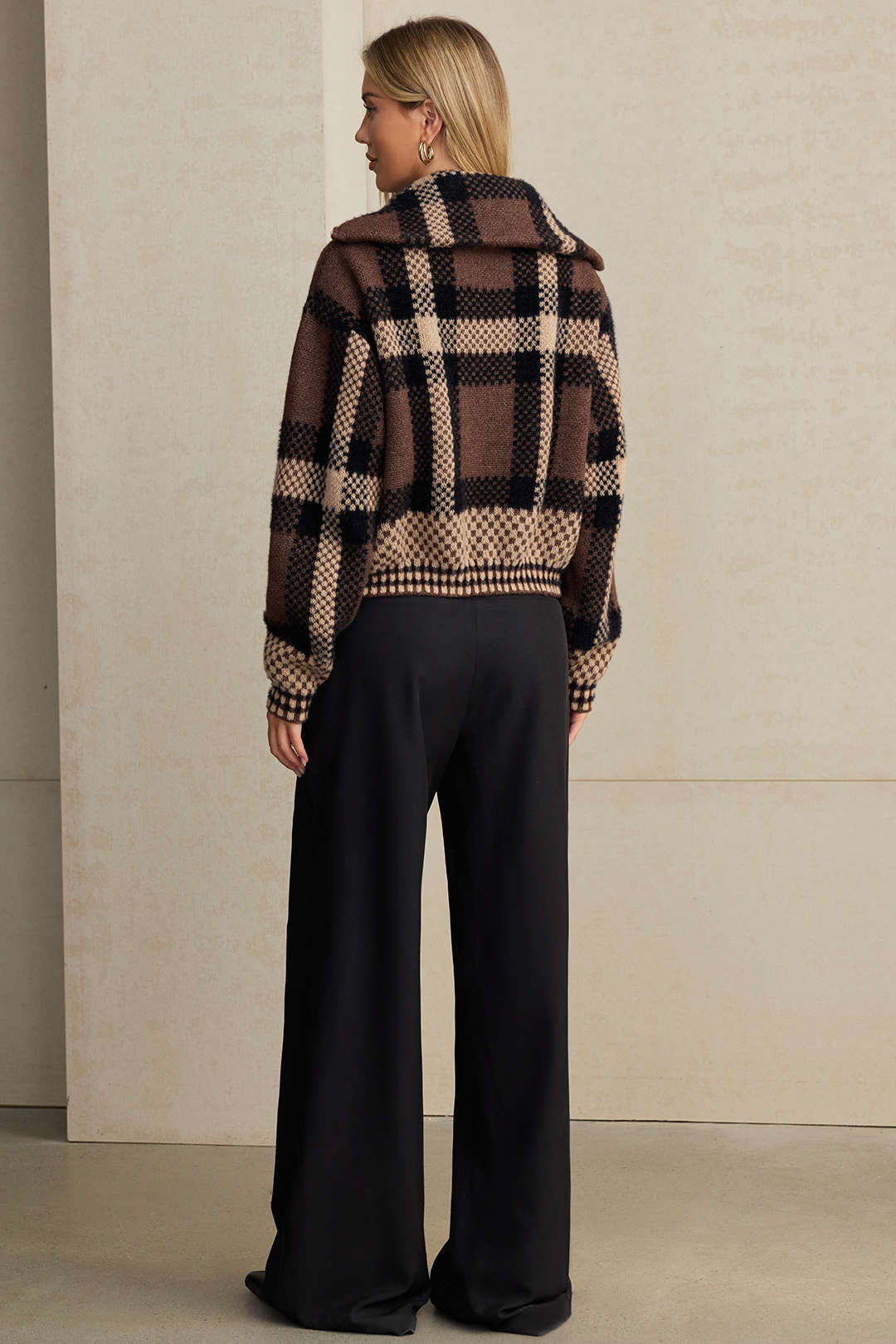 Yolande plaid zip-front cropped cardigan, back view