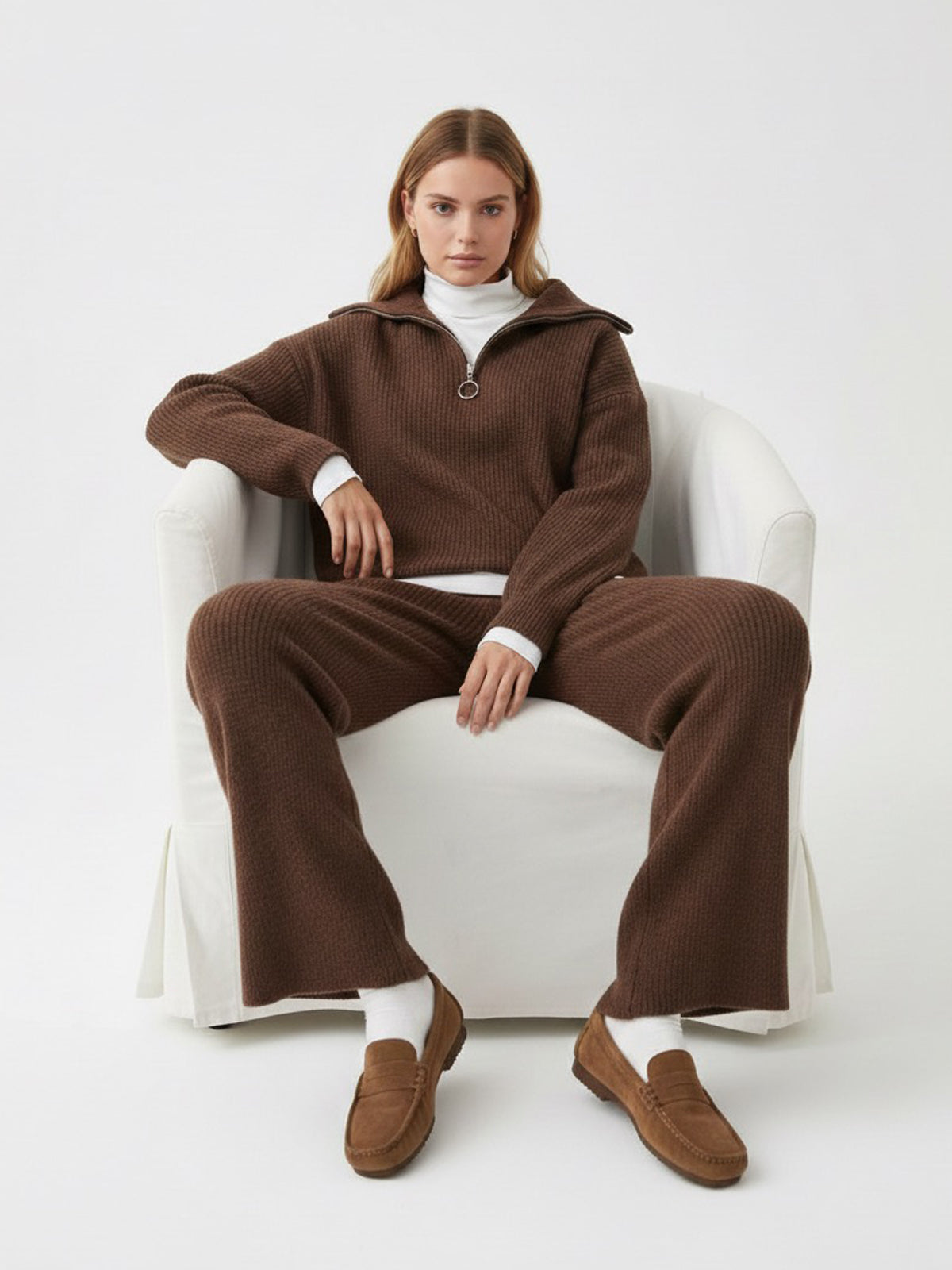 Yvette chocolate quarter-zip knit sweater and wide-leg trouser set, full-length view