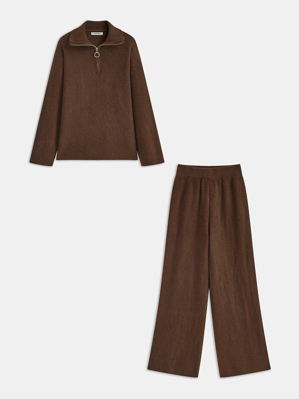 Yvette chocolate quarter-zip sweater and wide-leg trousers, both pieces laid flat