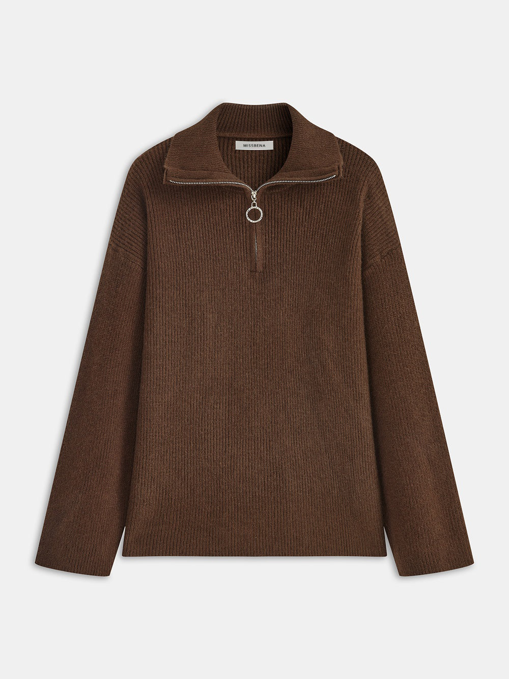 Yvette chocolate quarter-zip knit sweater, front