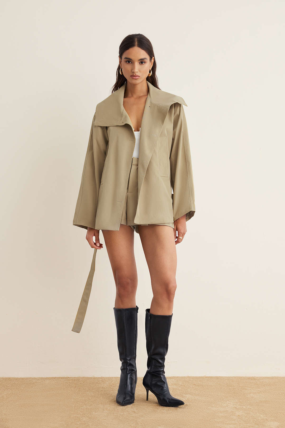 Zelie khaki wide-collar belted jacket, front view