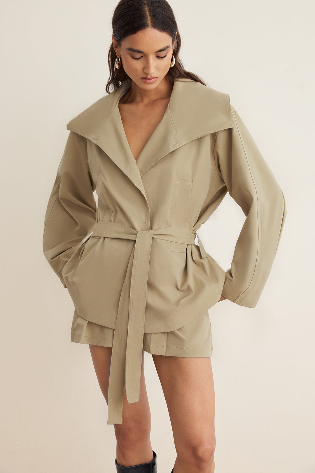 Zelie khaki belted jacket, back view
