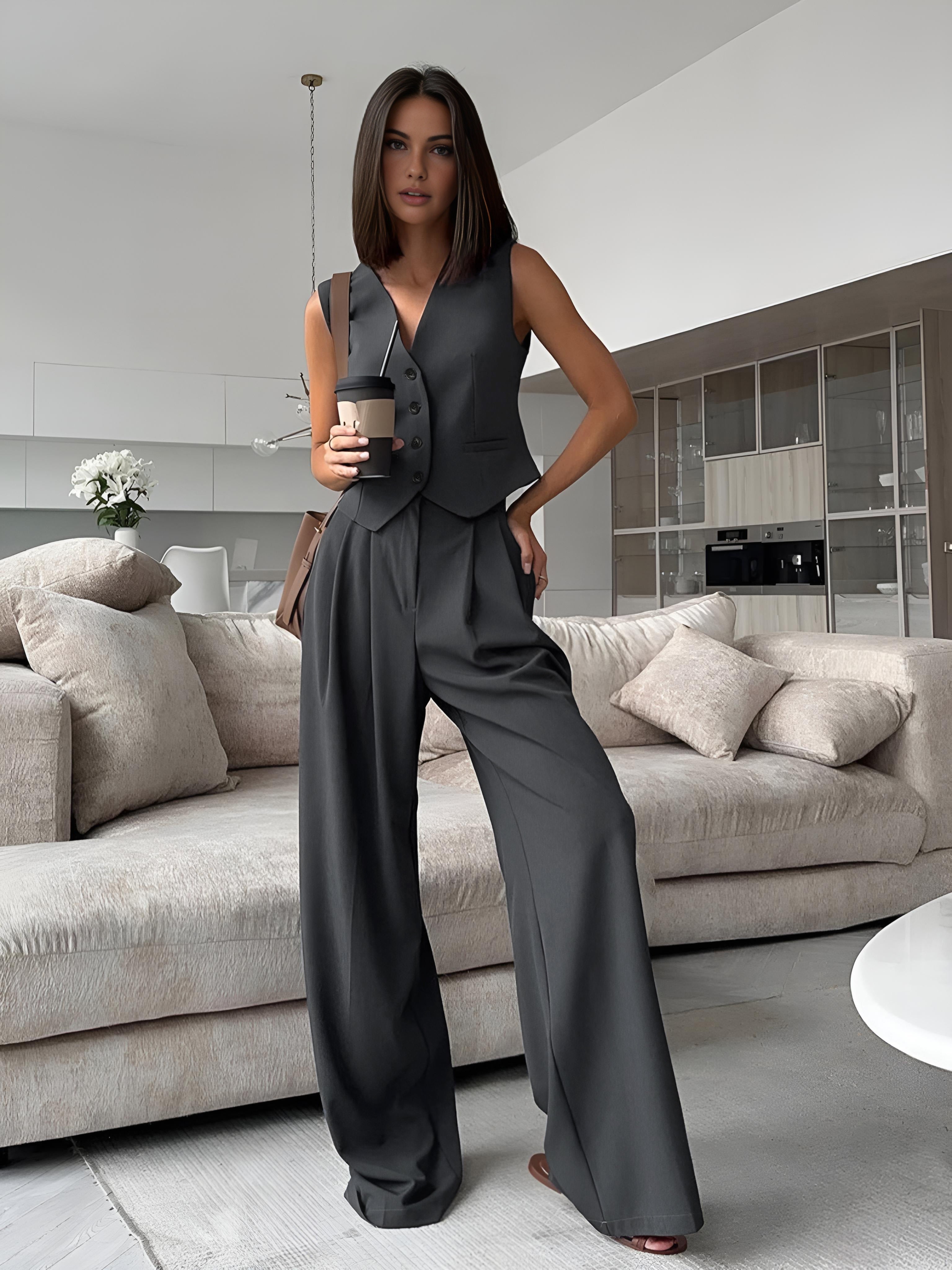 Zoe charcoal waistcoat and wide-leg trouser set, front view