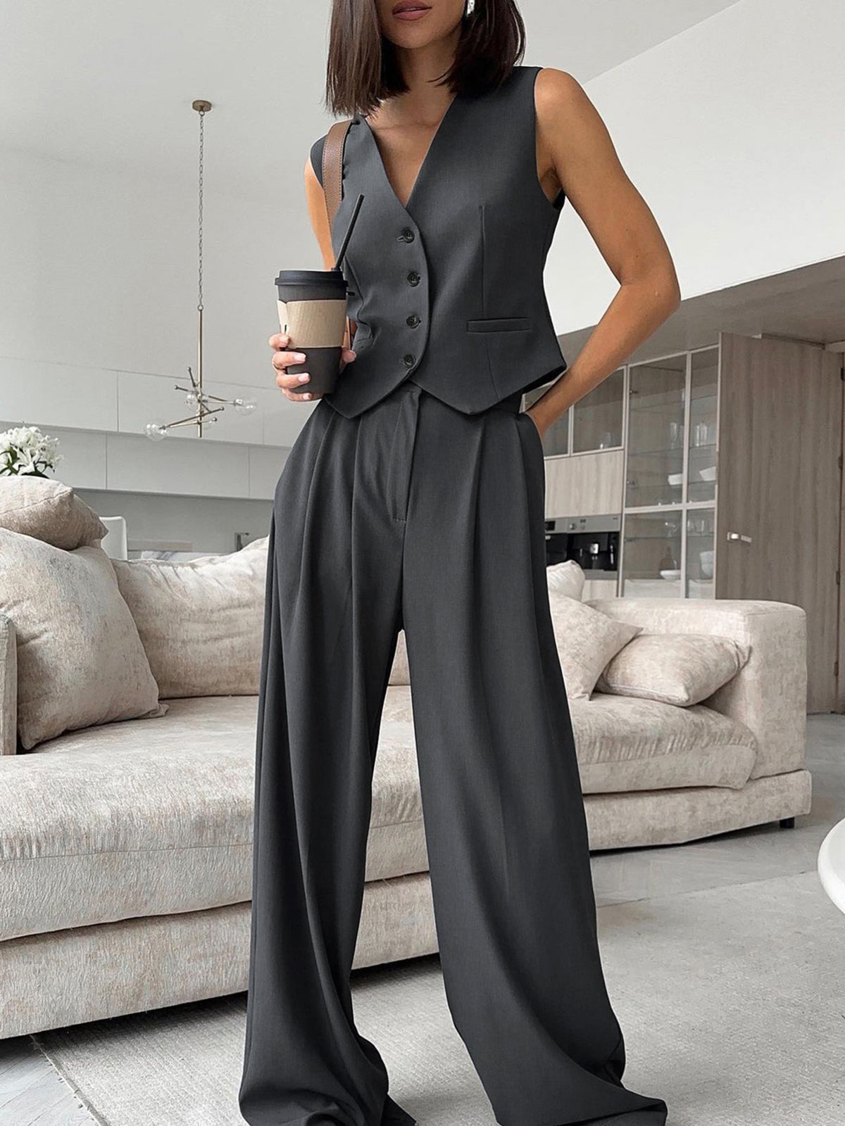 Zoe charcoal waistcoat and wide-leg trouser set, full-length view